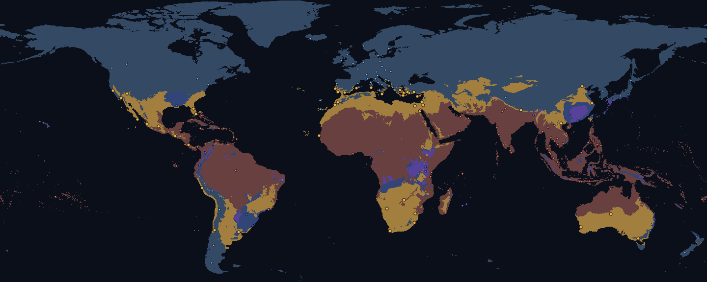 World map for April, land coloured by fit for the Warm preset: good 15 %, too cold 57 %, too hot 24 %, too rainy 3 % and monsoon 1 %. Dots mark 173 destinations, 45 of them fitting.