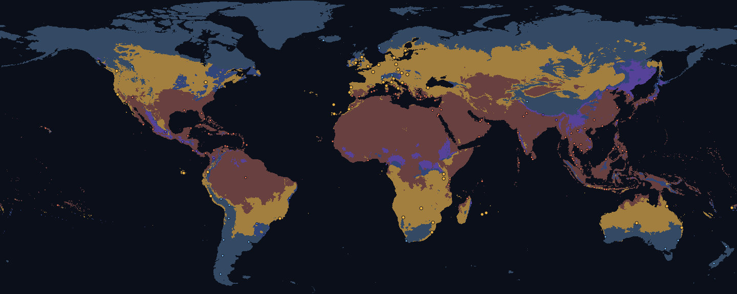 World map for August, land coloured by fit for the Warm preset: good 27 %, too cold 37 %, too hot 30 %, too rainy 3 % and monsoon 3 %. Dots mark 173 destinations, 42 of them fitting.