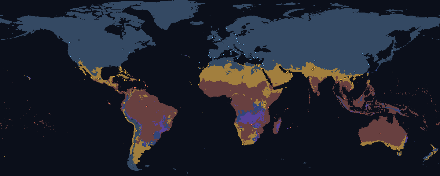 World map for February, land coloured by fit for the Warm preset: good 12 %, too cold 63 %, too hot 21 %, too rainy 2 % and monsoon 2 %. Dots mark 173 destinations, 38 of them fitting.