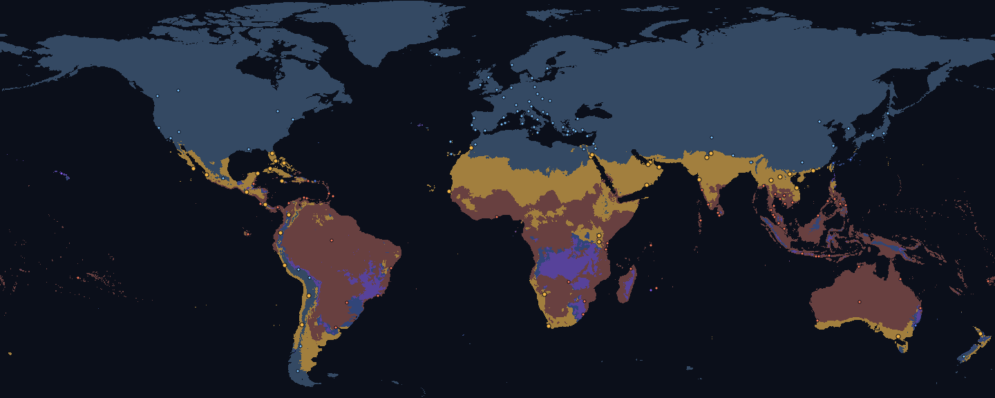 World map for January, land coloured by fit for the Warm preset: good 12 %, too cold 65 %, too hot 20 %, too rainy 1 % and monsoon 2 %. Dots mark 173 destinations, 37 of them fitting.