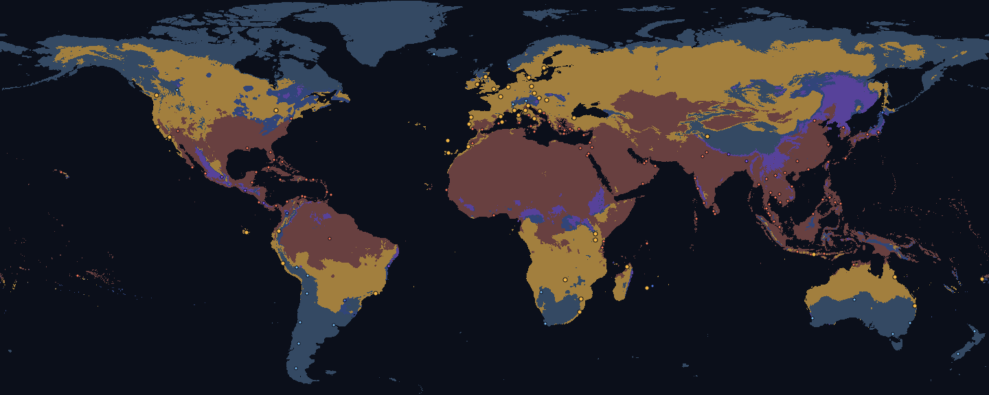 World map for July, land coloured by fit for the Warm preset: good 33 %, too cold 30 %, too hot 30 %, too rainy 3 % and monsoon 3 %. Dots mark 173 destinations, 45 of them fitting.