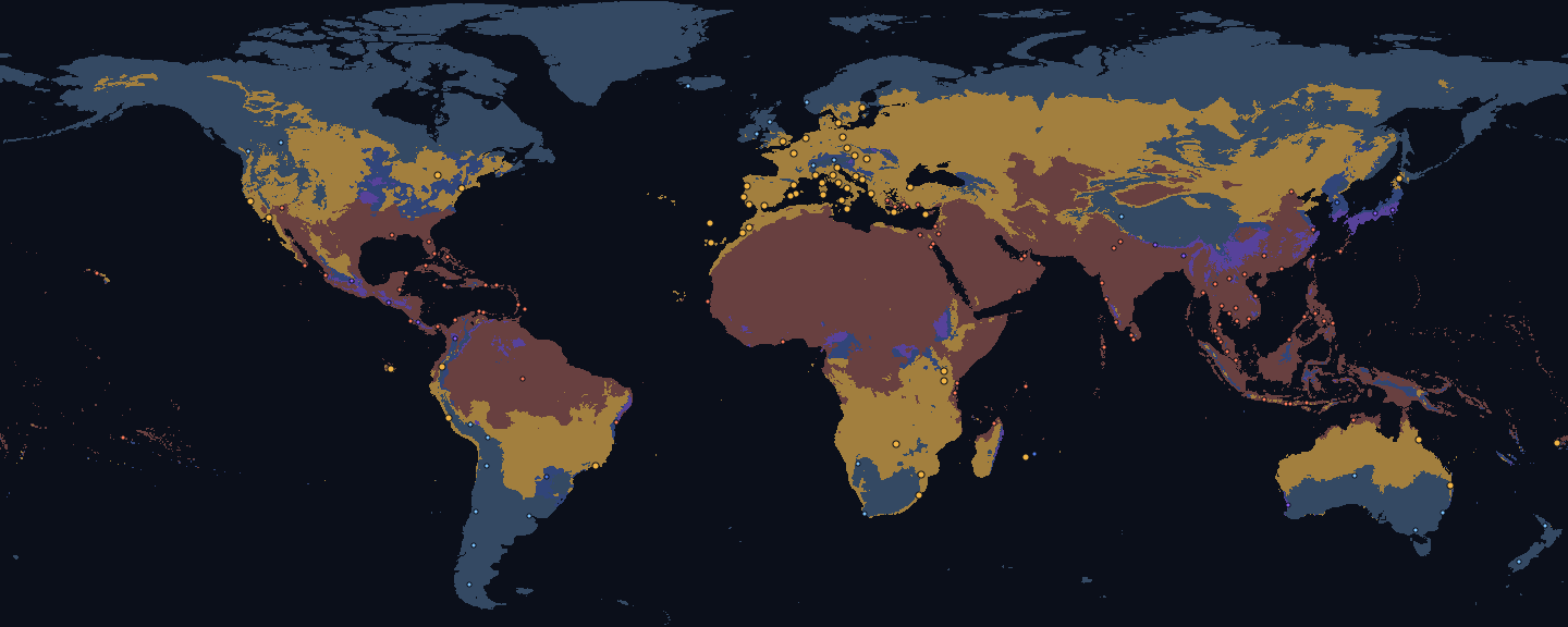World map for June, land coloured by fit for the Warm preset: good 28 %, too cold 40 %, too hot 27 %, too rainy 3 % and monsoon 1 %. Dots mark 173 destinations, 53 of them fitting.