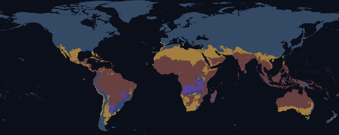 World map for March, land coloured by fit for the Warm preset: good 12 %, too cold 61 %, too hot 23 %, too rainy 2 % and monsoon 2 %. Dots mark 173 destinations, 38 of them fitting.