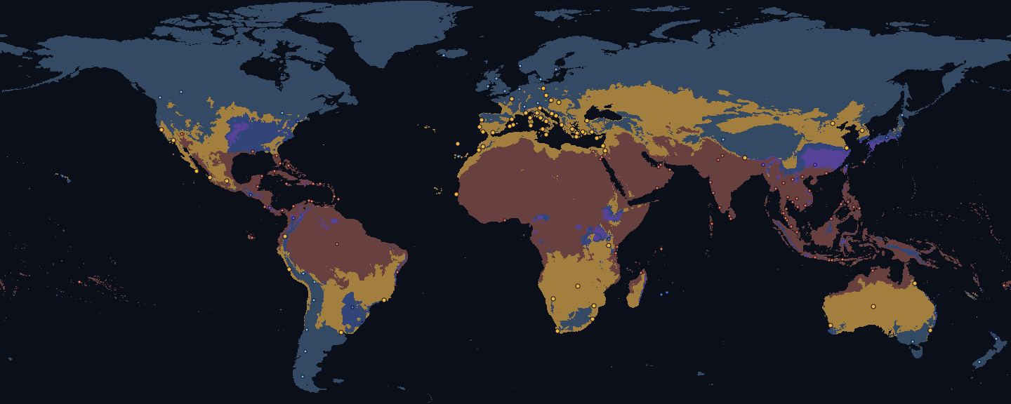 World map for May, land coloured by fit for the Warm preset: good 20 %, too cold 50 %, too hot 25 %, too rainy 3 % and monsoon 1 %. Dots mark 173 destinations, 61 of them fitting.