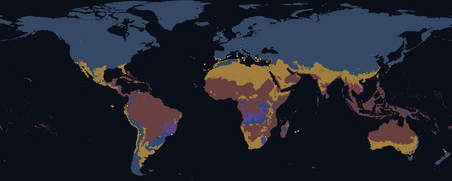 World map for November, land coloured by fit for the Warm preset: good 14 %, too cold 61 %, too hot 21 %, too rainy 2 % and monsoon 1 %. Dots mark 173 destinations, 50 of them fitting.