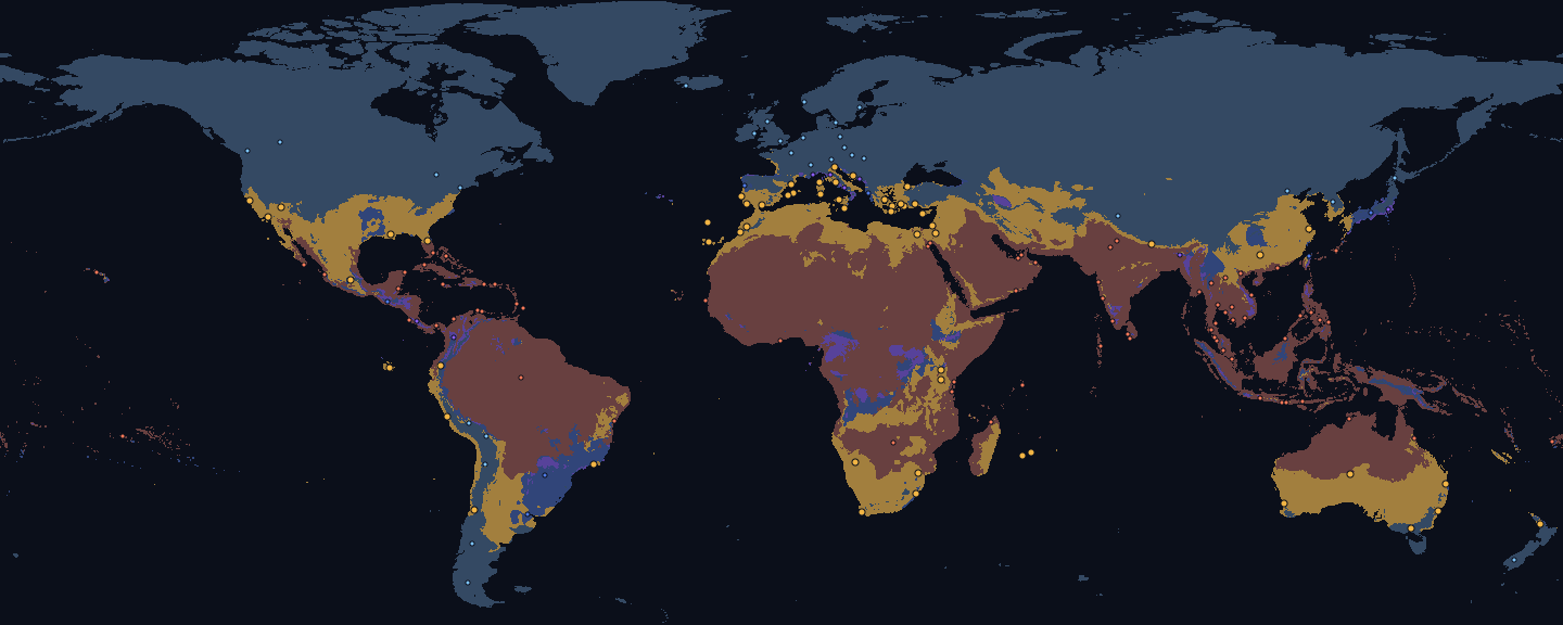 World map for October, land coloured by fit for the Warm preset: good 14 %, too cold 56 %, too hot 26 %, too rainy 3 % and monsoon 1 %. Dots mark 173 destinations, 56 of them fitting.