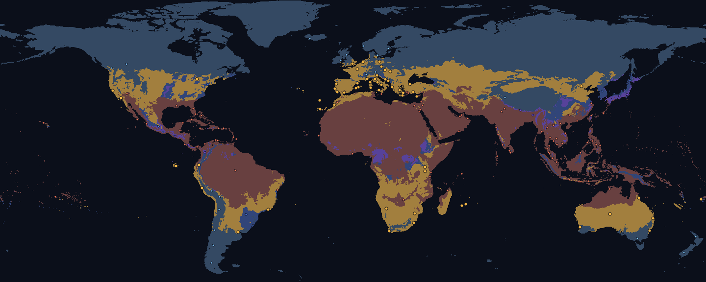 World map for September, land coloured by fit for the Warm preset: good 20 %, too cold 48 %, too hot 27 %, too rainy 3 % and monsoon 2 %. Dots mark 173 destinations, 57 of them fitting.
